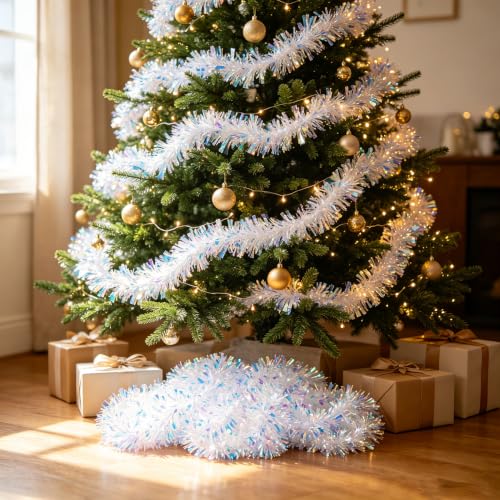 6.5FT Iridescent Christmas Tinsel Garland - Glitter Foil Holiday Decorations