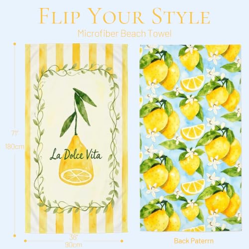 BEAQLIO Double-Sided Lemon Microfiber Beach Towel 71x36 Inches - Quick Dry, Lightweight, Absorbent, Sandproof, Travel & Pool Use - Lemon Variation