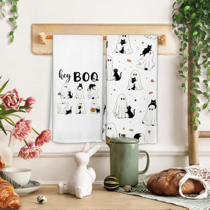 Halloween Ghost Black Cat Kitchen Towels Set of 2 - Fall10 Variation