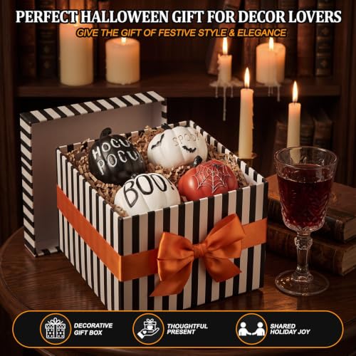 Halloween Pumpkin Decor Set - 4 Resin Black, White & Orange Figurines