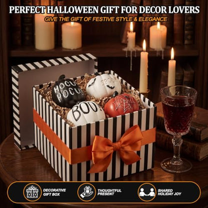 Halloween Pumpkin Decor Set - 4 Resin Black, White & Orange Figurines