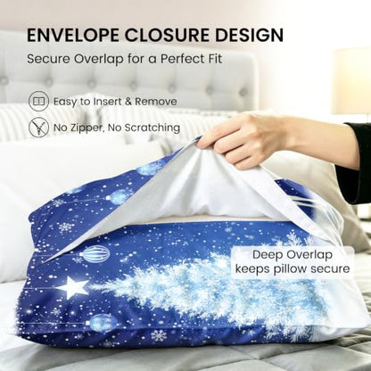 King Size Blue Christmas Pillow Cases Set of 2 - Ultra Soft Microfiber, Envelope Closure