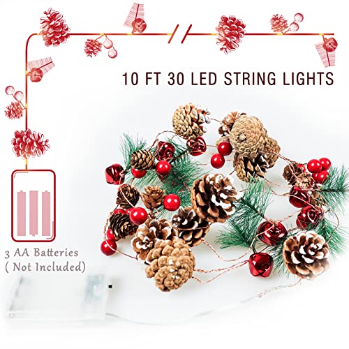 Indoor Christmas Garland with 30 LED Lights, Red Berries & Pine Cones