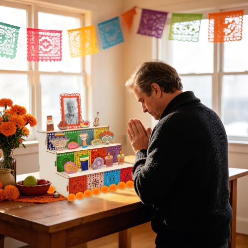 Dia de Muertos Wooden Altar Kit with Marigold Flowers and Butterflies - 3 Tiers