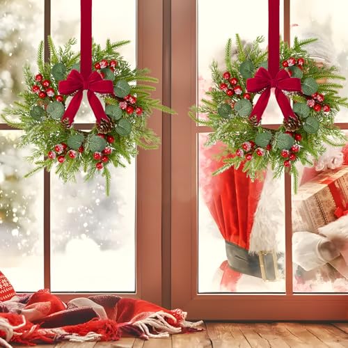 Green 6 Pcs Small Christmas Wreaths for Cabinets with Red Ribbon & Berries