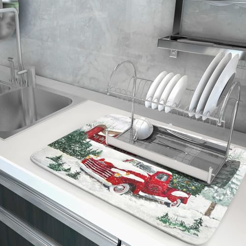 Christmas Red Truck Dish Drying Mat 18x24 Inch Kitchen Accessories