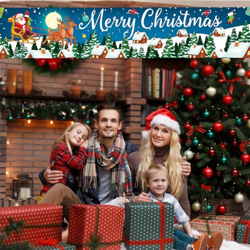 Blue Santa Sled Christmas Banner Outdoor Yard Sign 210x40cm for Festive Decor