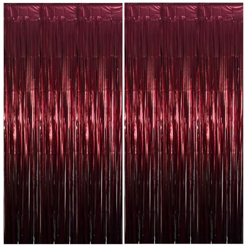 Burgundy Red Foil Fringe Curtain Backdrop - 2 Pack, 3.3x6.6 ft, Matte Finish, Indoor Party Decor