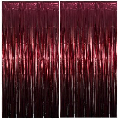 Burgundy Red Foil Fringe Curtain Backdrop - 2 Pack, 3.3x6.6 ft, Matte Finish, Indoor Party Decor