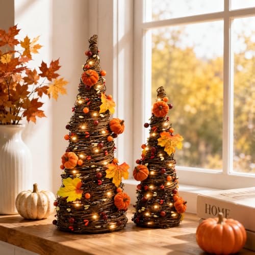 Orange Lighted Thanksgiving Table Tree Decor with Pumpkin and LED Lights