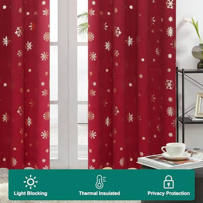 Red Snowflake Foil Print Christmas Curtains Set of 2, 52 x 96 Inches