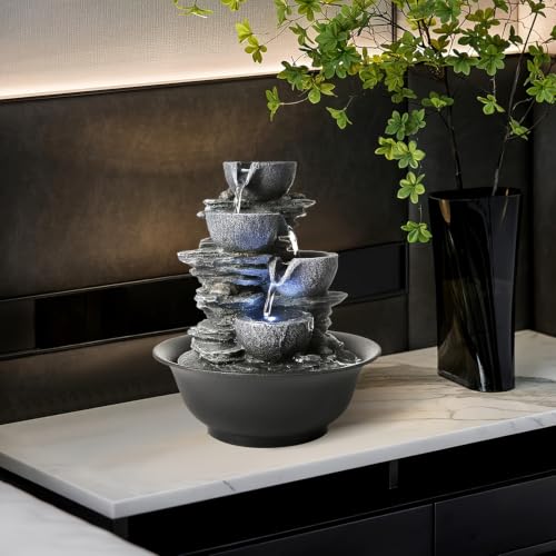 Tiered Waterfall Tabletop Fountain with Cascading Rocks - Indoor Water Feature
