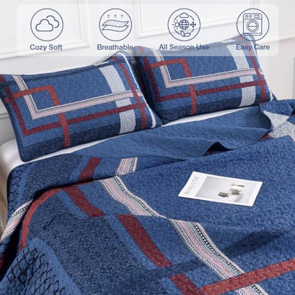 WONGS BEDDING Navy Blue Quilt Set Queen Size 3 Pieces Boho Stripe Bedspread