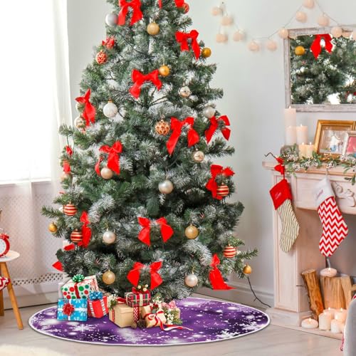 Christmas Tree Skirt Decoration 35.4 Inch with Purple Glitter Snowflakes - Holiday Home Decor
