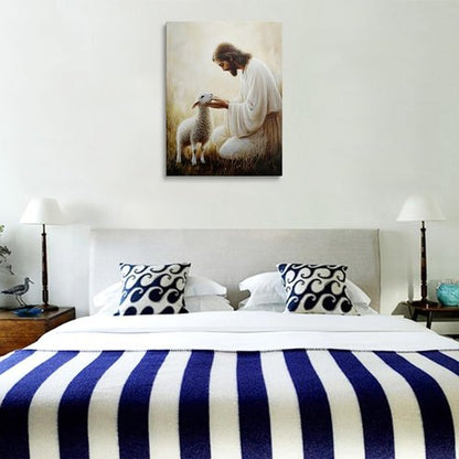 Jesus Holding Lamb Canvas Wall Art - Serene Christian Decor for Home & Church | 12x16 Inches