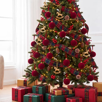 15 Pcs Velvet Christmas Balls - Burgundy Flocked Ornaments with Hanging Ropes, 3.15 Inch