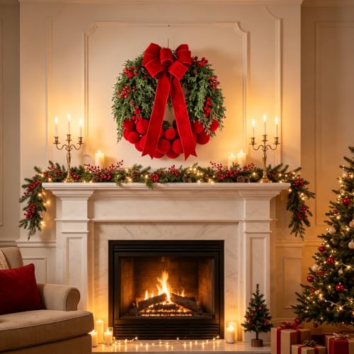 24-Inch Artificial Christmas Wreath with Velvet Balls and Bow - Front Door Decor