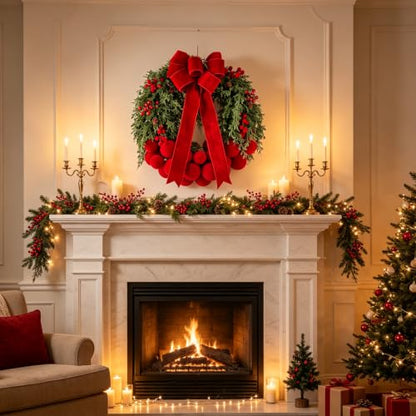 24-Inch Artificial Christmas Wreath with Velvet Balls and Bow - Front Door Decor