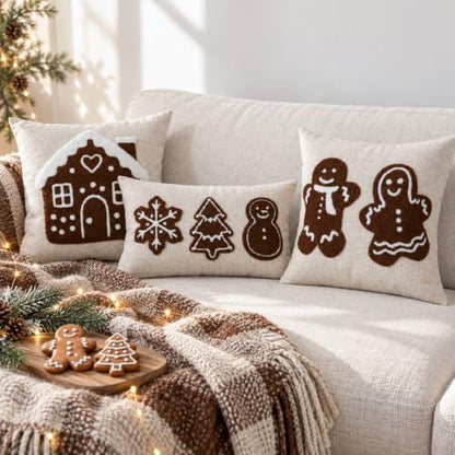 Gingerbread House Christmas Throw Pillow Cover 18x18 - Brown & White, Pack of 1
