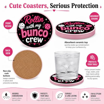 Pink Black Ceramic Coasters Set with Metal Holder - Bunco Party Supplies 6-Pack