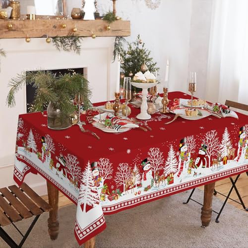 Christmas Tablecloth 60x102 Inch Red Elk Santa Snowman Waterproof Polyester