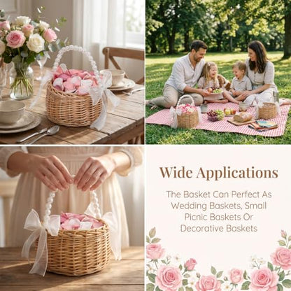 2 Pack Wicker Rattan Flower Girl Baskets with Handle & Linings for Weddings