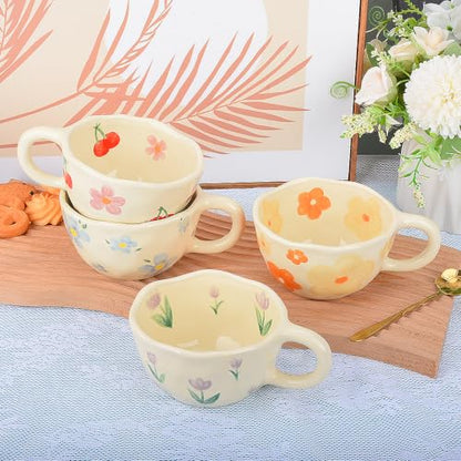 Orange Ceramic Coffee Mug with Flower Spoon, 8oz Handmade Kawaii Teacup