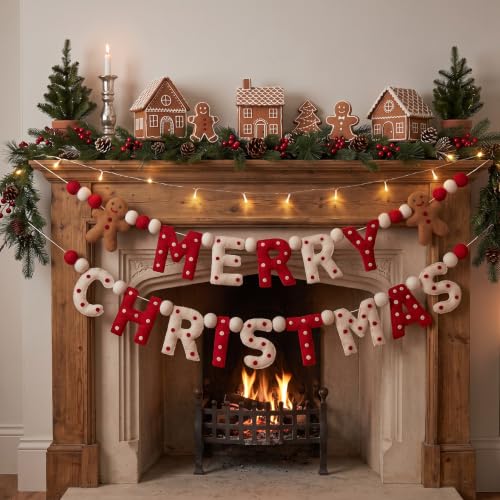 Christmas Felt Garland with Gingerbread Man and 'MERRY CHRISTMAS' Letters - 10 ft with Red White Brown Variation