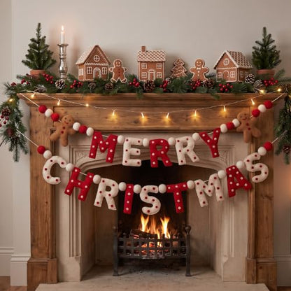 Christmas Felt Garland with Gingerbread Man and 'MERRY CHRISTMAS' Letters - 10 ft with Red White Brown Variation