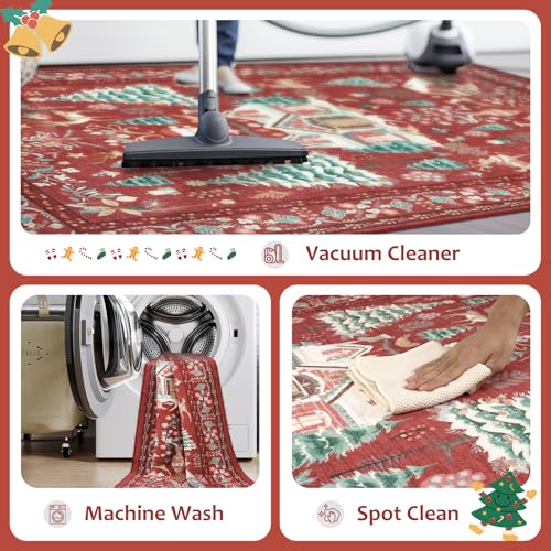 4x6 Christmas Area Rug with No-Slip Backing - Red Boho Holiday Rug for Living Room and Bedroom