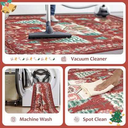 4x6 Christmas Area Rug with No-Slip Backing - Red Boho Holiday Rug for Living Room and Bedroom