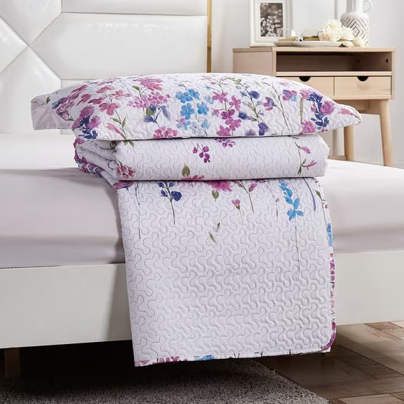 Purple Floral Quilted Bedspread Set for Queen/Full Size Bedding - Lilac Flower Design