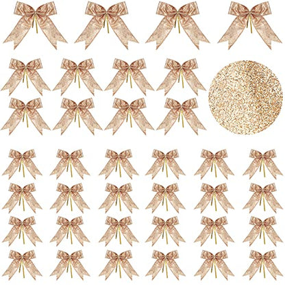 Waydress Glitter Christmas Tree Ribbon Bow Set - Champagne Gold, 36 Pieces