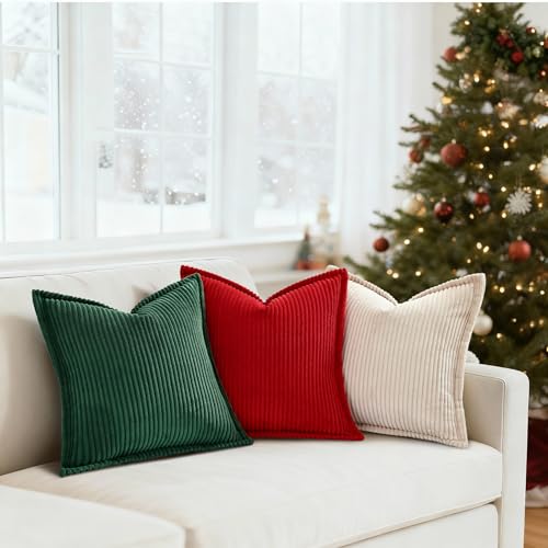 Christmas Green Corduroy Throw Pillow Covers 26x26 Set of 2 - Soft & Luxurious