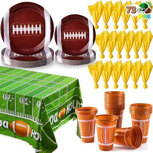JOYIN 73 PCS Football Party Supplies, 18pcs 9''Plates, 18pcs 7''Plates, 18 Plastic Cups, 18 Napkins, Tablecloth Football Gameday Party Tableware Set for Birthday Party Decorations Serve 18