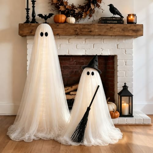 Large Ghost Halloween Yard Decor with Light-Up Spooky Ghost & Witch Broom Set