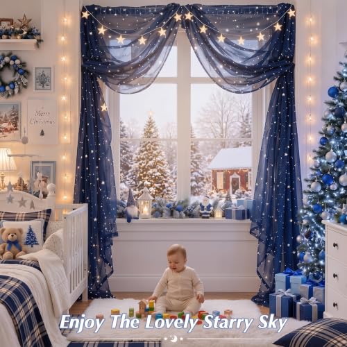 Blue Sheer Curtain with Star Pattern and String Lights for Nursery and Bedroom Decor