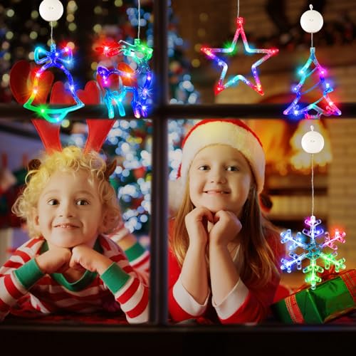 Christmas Window Lights Decorations Multi-Color Battery Operated Bell Snowflake Reindeer Star Set with Suction Cups
