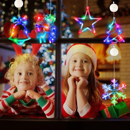 Christmas Window Lights Decorations Multi-Color Battery Operated Bell Snowflake Reindeer Star Set with Suction Cups