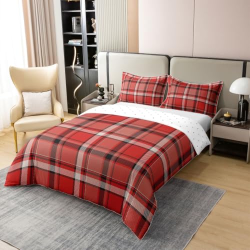 Gingham Black Red Full Size Bedding Set 3Pcs Cotton Duvet Cover & Pillowcases