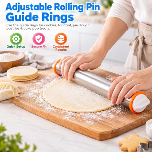 4 Pack Baking Rolling Pin Guide Rings - Food-Grade Silicone Thickness Spacers