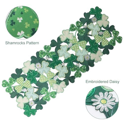 St Patrick's Day Table Runner 13x90 Inch Green Shamrocks Embroidered Clover Decor