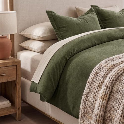 Olive Green Velvet Chenille Duvet Cover Set - Queen with Hidden Zipper & Snaps
