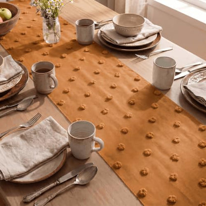 12x120 Inch Caramel Pom Pom Tulle Table Runner for Fall Thanksgiving Home Decor