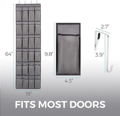 Home Genie Over The Door Shoe Organizer - 24 Breathable Mesh Pockets | Holds Up To 40 lbs, Gray