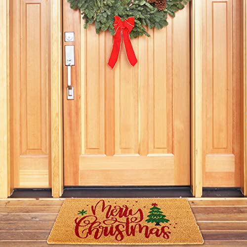 Christmas Door Mat - Natural Coir Xmas Tree & Merry Christmas Print, Non-Slip Indoor Outdoor 17x29 Inch