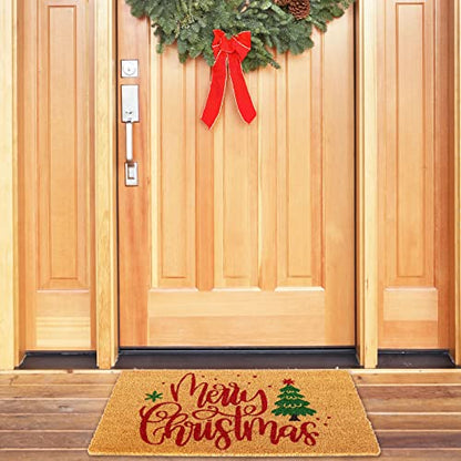 Christmas Door Mat - Natural Coir Xmas Tree & Merry Christmas Print, Non-Slip Indoor Outdoor 17x29 Inch
