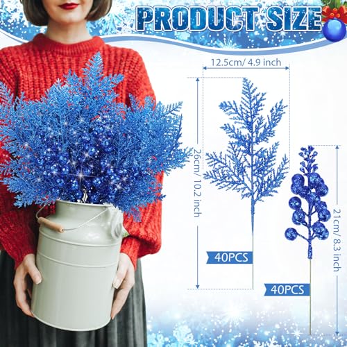 Dark Blue Glitter Berries & Pine Needles Christmas Stems, 80 Pcs
