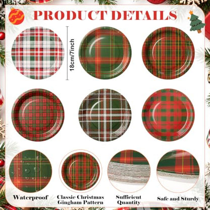 Christmas Plaid Paper Plates 7 Inch - 48 Pack Red Green White Festive Design