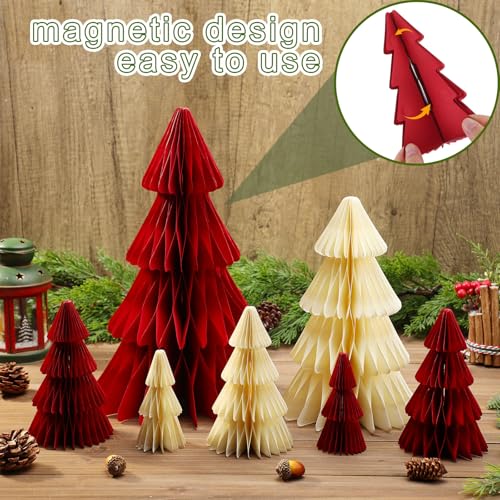 Red Christmas Honeycomb Tree Centerpieces - 7 Pcs 3D Paper Decor